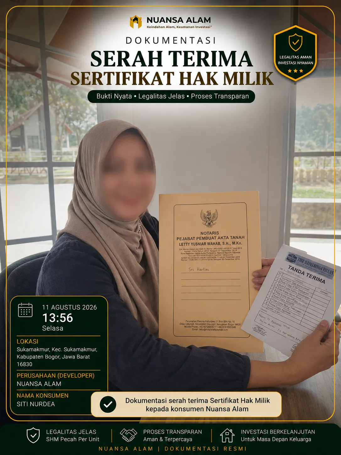 Bukti Serah Terima SHM Konsumen Nuansa Alam Sebelum The Hanami Rivera