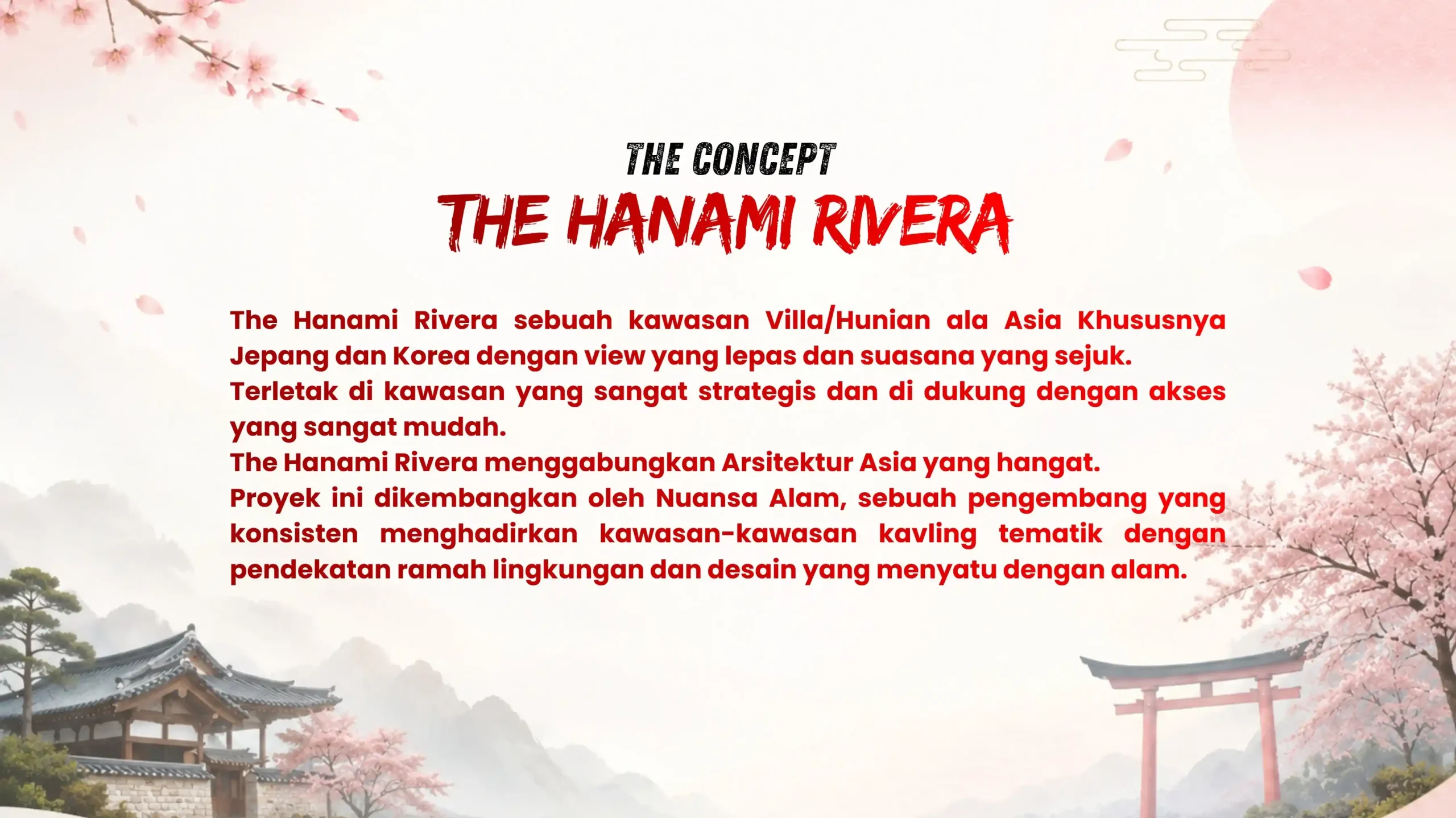 Konsep kavling villa The Hanami Rivera Japanese Riverside Living di Jonggol Bogor Timur